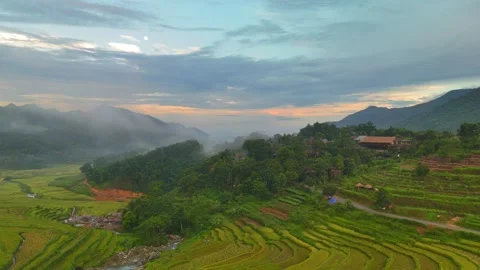 Aerial view of terraced rice fields and mountains in Pu Luong, Thanh Hoa 4K Stock Footage 313666156