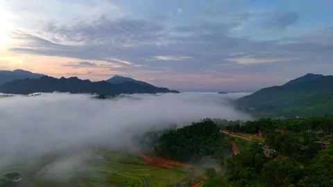 Aerial view of terraced rice fields and mountains in Pu Luong, Thanh Hoa 4K Stock Footage 313666222