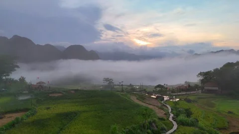 Aerial view of terraced rice fields and mountains in Pu Luong, Thanh Hoa 4K Stock Footage 313666234