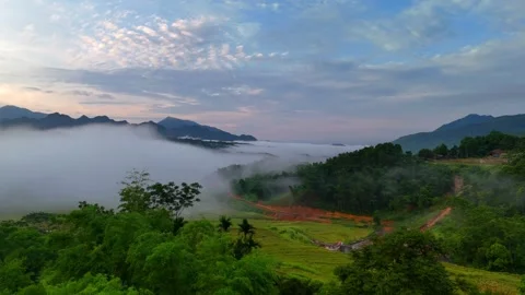 Aerial view of terraced rice fields and mountains in Pu Luong, Thanh Hoa 4K Stock Footage 313666441