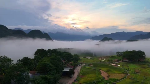 Aerial view of terraced rice fields and mountains in Pu Luong, Thanh Hoa 4K Stock Footage 313666455