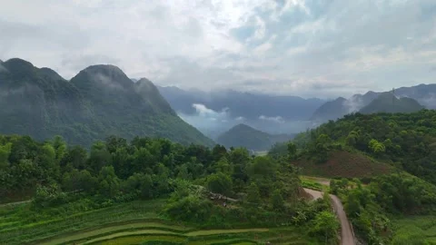 Aerial view of terraced rice fields and mountains in Pu Luong, Thanh Hoa 4K Stock Footage 313666635