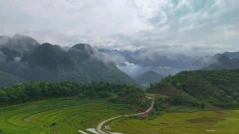 Aerial view of terraced rice fields and mountains in Pu Luong, Thanh Hoa 4K Stock Footage 313666653