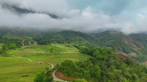 Aerial view of terraced rice fields and mountains in Pu Luong, Thanh Hoa 4K Stock Footage 313667056