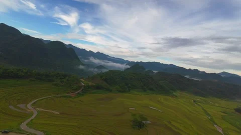 Aerial view of terraced rice fields and mountains in Pu Luong, Thanh Hoa 4K Stock Footage 313667174