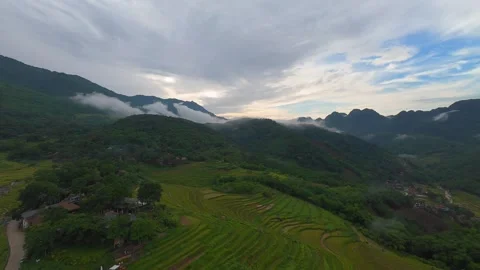 Aerial view of terraced rice fields and mountains in Pu Luong, Thanh Hoa 4K Stock Footage 313667615