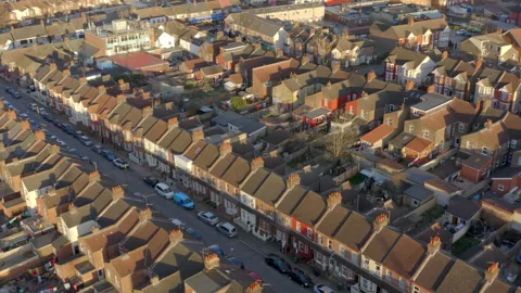 Aerial View of Terraced Working Class Housing in Luton at Sunset Stock Footage 149380085