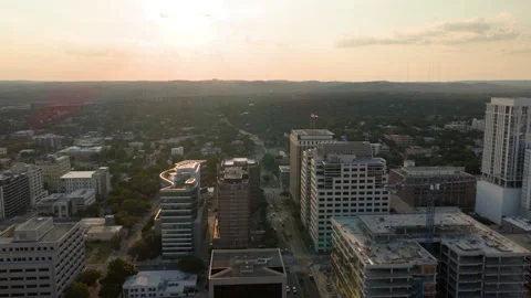 Aerial View of the Texas State Capitol and Downtown Austin Skyline at Sunset Stock Footage 334350460