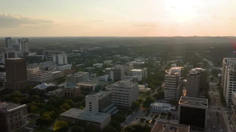 Aerial View of the Texas State Capitol and Downtown Austin Skyline at Sunset Stock Footage 334358720