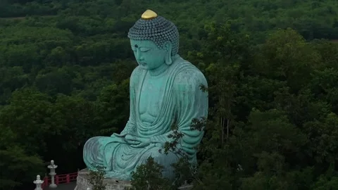Aerial View of Thai Temple and Giant Buddha in Mountain Forest Stock Footage 343027287