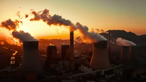 Aerial view thermal power plant at sunrise Stock Footage