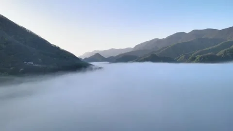 Aerial View of Thin Mist Calm Water Valley Lake in Shennongjia Hubei China Stock Footage 337941186