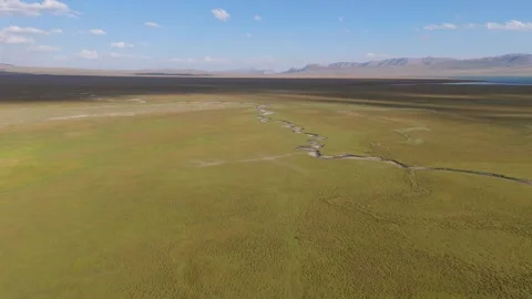Aerial view of a thin stream across the green alpine steppe, Kyrgyzstan Video stock 347240879