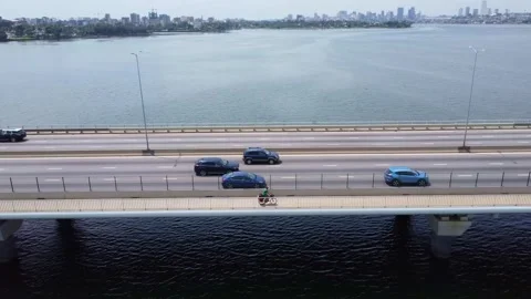 Aerial View of Third Mainland Bridge, Lagos, Nigeria, Showing Water and Skyline Stock Footage 316190469
