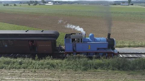 Aerial View of Thomas the Tank Engine Puffing and Steaming Stock Photos