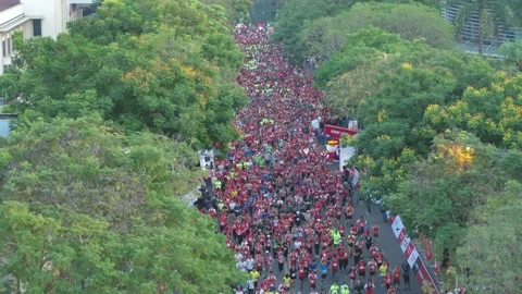Aerial view of thousand of runners started the marathon in front of Saigon Zo Stock Footage 158234618