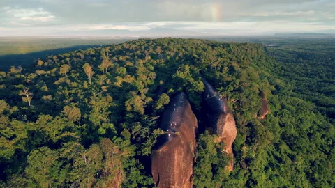 Aerial view of Three Whale Rocks (Hin Sam Wan) with the rainbow Stock Footage 164598016