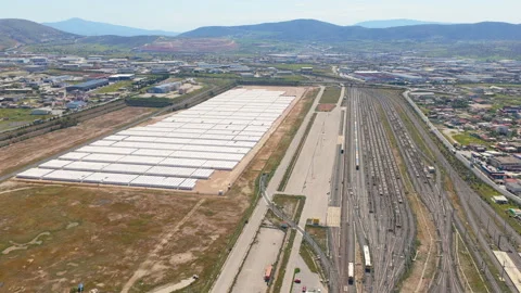 Aerial view of thriasio pedio freight train station in greece Stock Footage 333924819