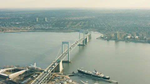 Aerial view of Throgs Neck Bridge in New York City and the East River during the Stock Footage 199458872