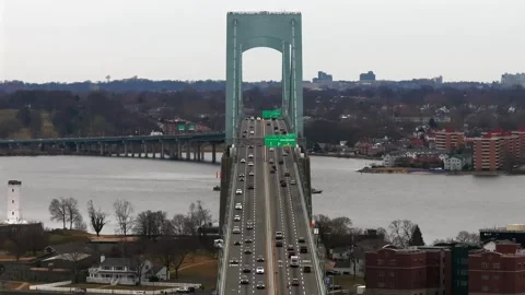 An aerial view of the Throgs Neck Bridge from over the Long Island Sound, Stock Footage 265461786