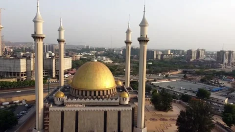 Aerial view through Abuja Mosque Building Stock Footage 152308905