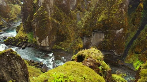 Aerial View Through Green Mountain River Canyon in Iceland. Stock Footage 52321772