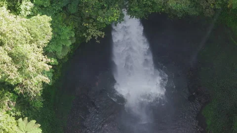 Aerial view of thunderous Bali waterfall crashing into dark jungle pool Stock Footage 326603150