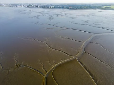 Aerial view of the tidal mudflats in the Eemsdelta, Holland Stock Photos