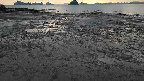 Aerial View of Tide Pools at Low Tide in Krabi, Thailand Stock Footage 335255797