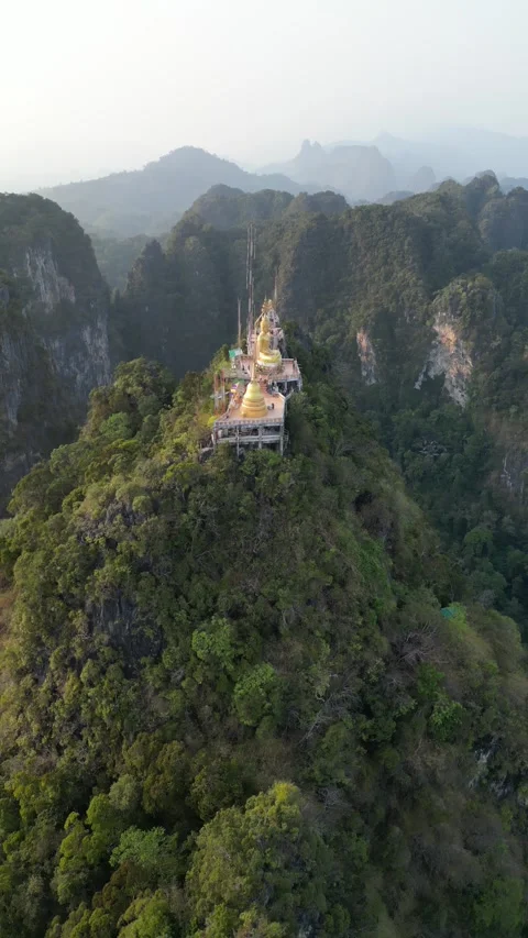 Aerial View of Tiger Cave Temple Atop a Mountain in Krabi, Thailand Stock Footage 335581563