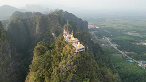 Aerial View of Tiger Cave Temple on a Mountain Top in Krabi, Thailand Stock Footage 335581777