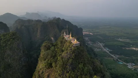 Aerial View of Tiger Cave Temple at Sunrise in Krabi, Thailand Stock Footage 335581838