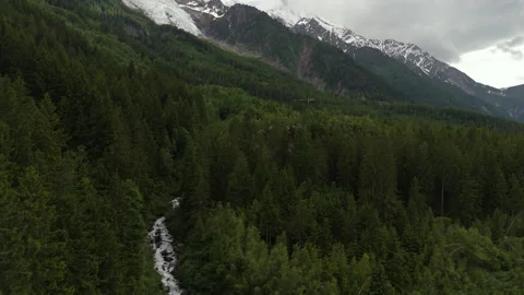 Aerial view tilting over rapids, revealing a snowy glacier and peak of Mont Stock Footage 341030623