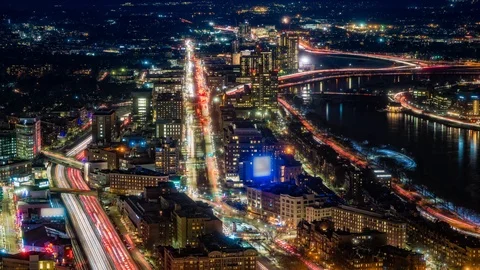 Aerial view time-lapse of Boston Turnpike traffic at sunset Stock Footage 123680657