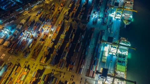 Aerial view time lapse hyper lapse of industrial import export port of Thailand. Stock Footage 110423009