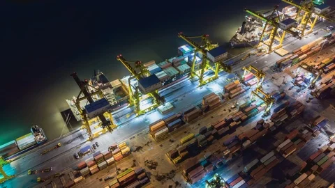 Aerial view time lapse over industrial import or export port of Thailand. Stock Footage 109044534