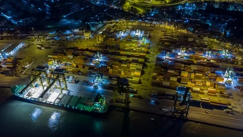 Aerial view time lapse over industrial import or export port of Thailand. Stock Footage 109044538