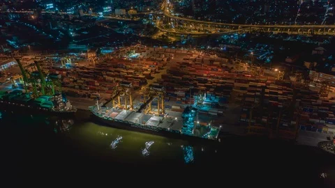 Aerial view time lapse over industrial import or export port of Thailand. Stock Footage 109101562