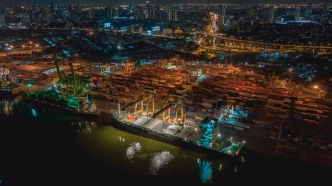 Aerial view time lapse over industrial import or export port of Thailand. Stock Footage 109145710