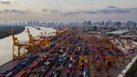 Aerial view time lapse over industrial import or export port of Thailand. Stock Footage 109145750