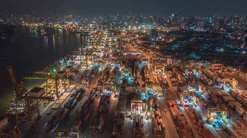 Aerial view time lapse over industrial import or export port of Thailand. Stock Footage