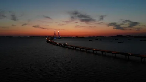 Aerial view of the time passed by the incheon bridge in South Korea Stock Footage 114600775