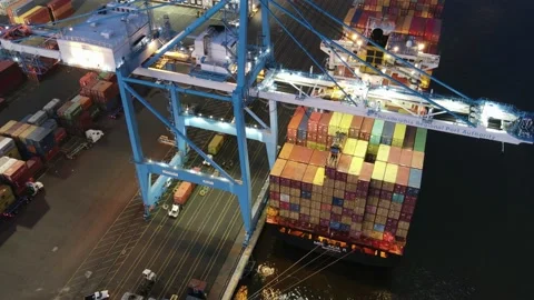 Aerial View Timelapse of Cargo Ship Loading Containers Stock Footage 146824796