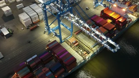 Aerial View Timelapse of Cargo Ship Unloading Containers Stock Footage 146824811