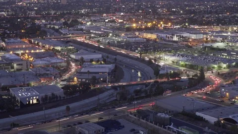 Aerial view, timelapse of sunset twilight and traffic in culver city los angeles Stock Footage 83146354