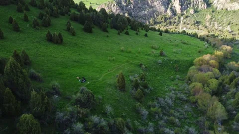  Aerial View of Tiny Hikers Resting on Lush Green Mountain Meadow Video stock 332205157