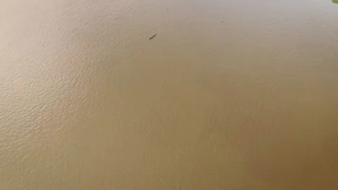 Aerial view of a tiny indigenous canoe cruising the Orinoco River Delta Stock Footage 145625244