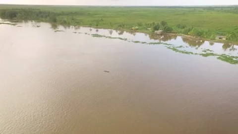Aerial view of a tiny indigenous canoe floating in the Orinoco River with Stock Footage 145625380