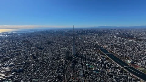 Aerial View of Tokyo Skytree, Sumida River and Tokyo Cityscape, Japan Stock-Footage 343806423