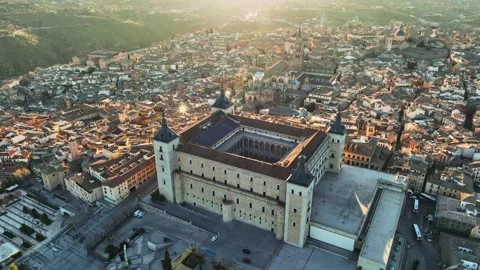 Aerial view of Toledo, Castilla-La Mancha, Spain. Flight over houses and Stock Footage 176259341